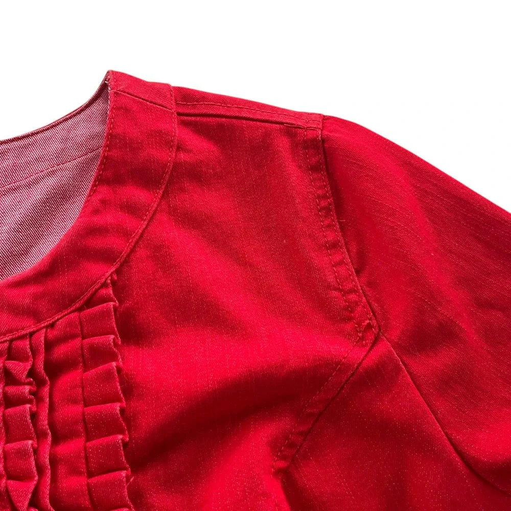 Jessica London Women 14 Red Denim Cotton Blend Full Zip Ruffle Front Jean Jacket